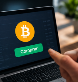 Persona comprando Bitcoin desde un portátil en un entorno seguro