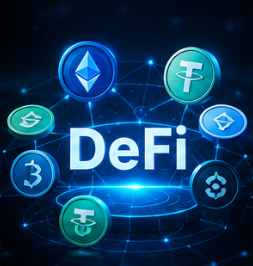 Ecosistema de Finanzas Descentralizadas con criptomonedas interconectadas