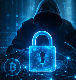 Ilustración de seguridad digital frente a estafas cripto y fraudes ponzi