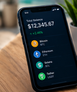 Móvil mostrando saldos en criptomonedas estables como USDT y USDC