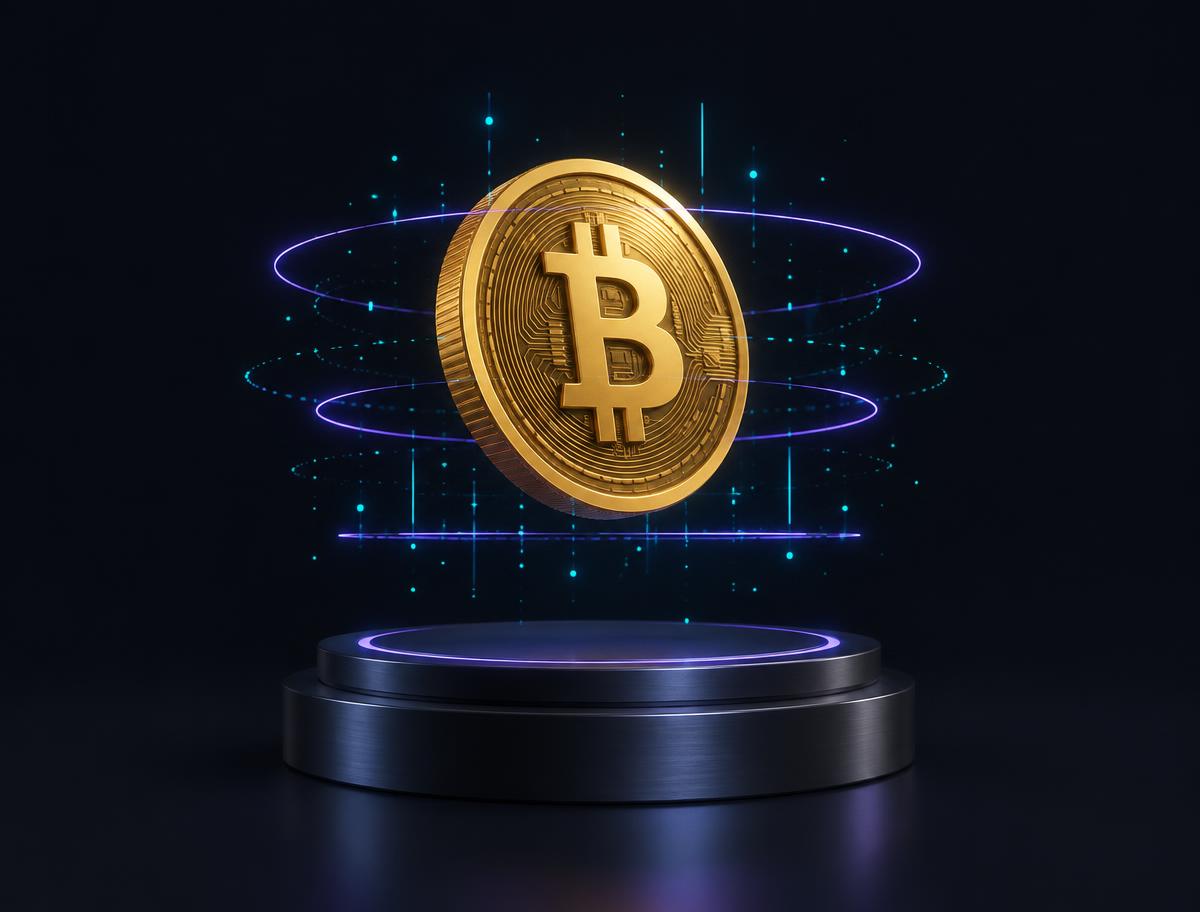 Moneda de Bitcoin flotando sobre una base metálica con anillos holográficos